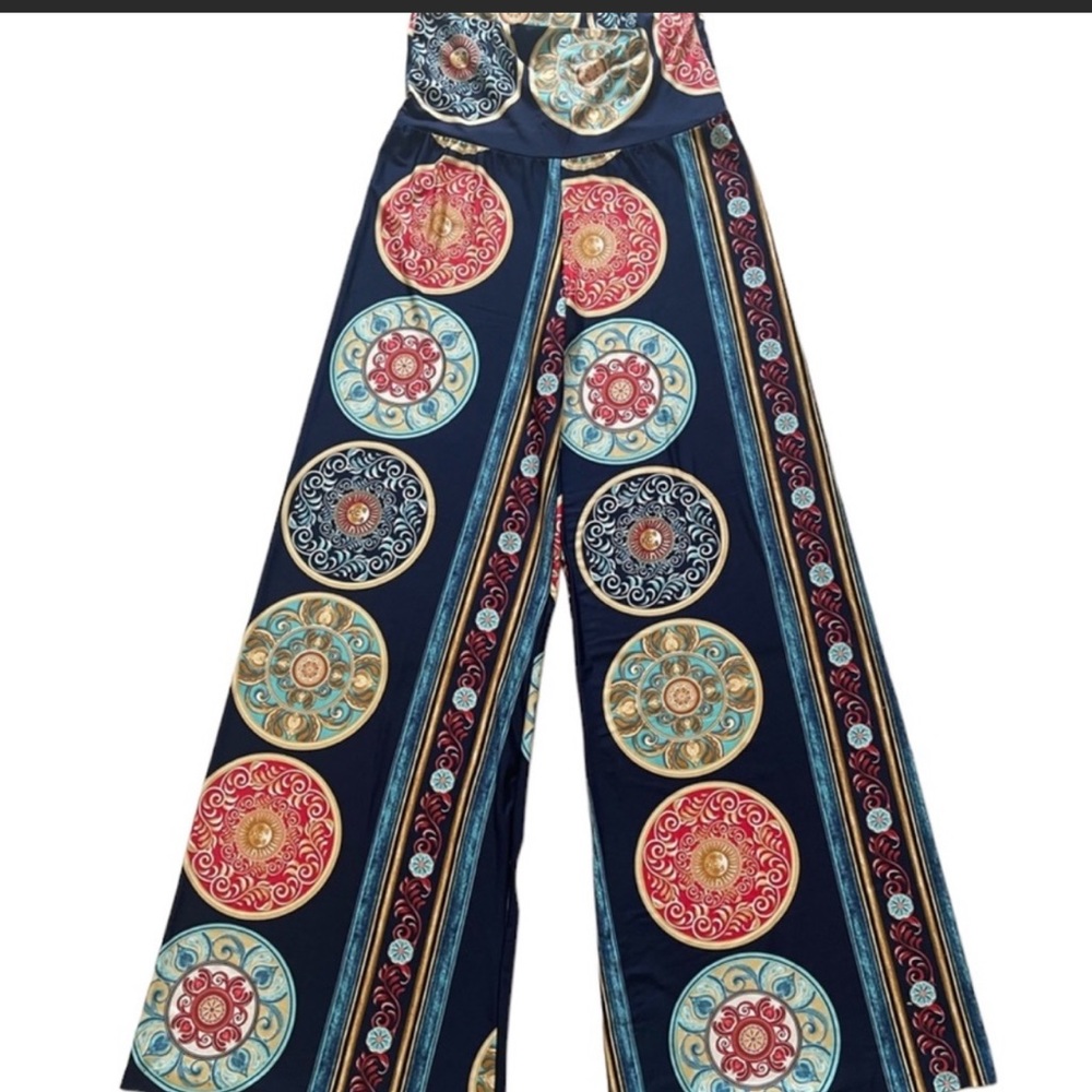 VERY J    Blue w Orange Print Palazzo Pants w Rollover Waist    Size Med…